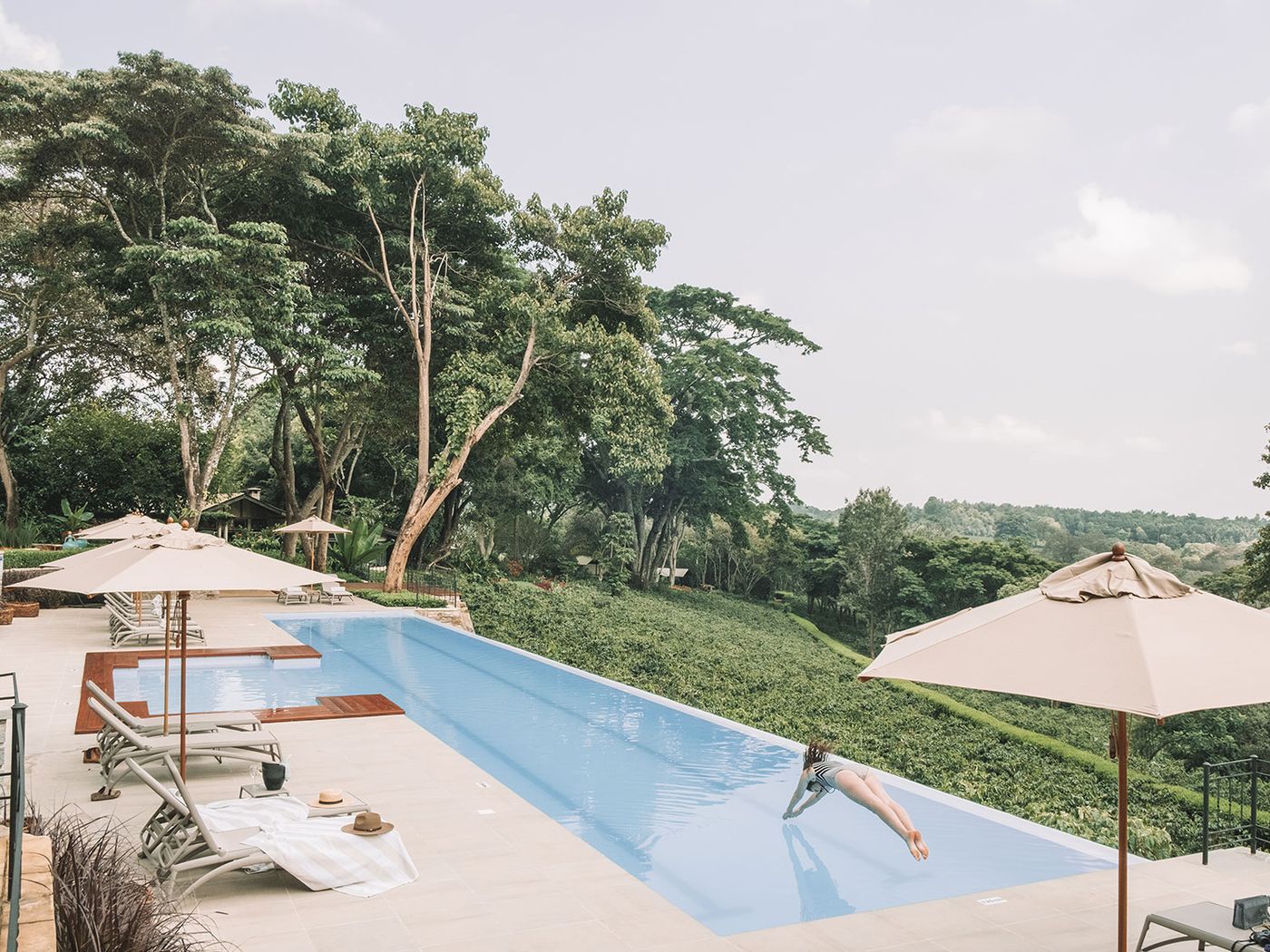 Pool and gardens at a Karatu lodge on the slopes below Ngorongoro