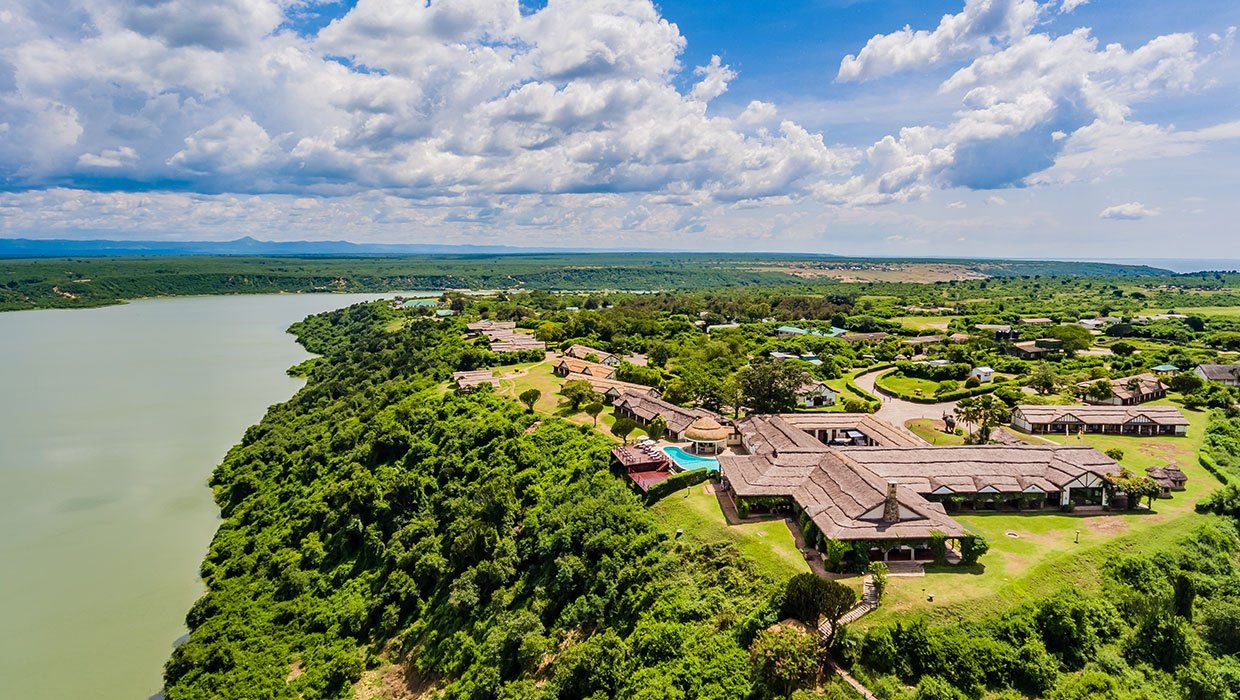 Mweya peninsula and lodge above the Kazinga Channel in Queen Elizabeth National Park